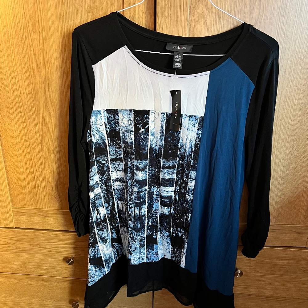 Style & Co Blue White Black long tunic top BNWT
